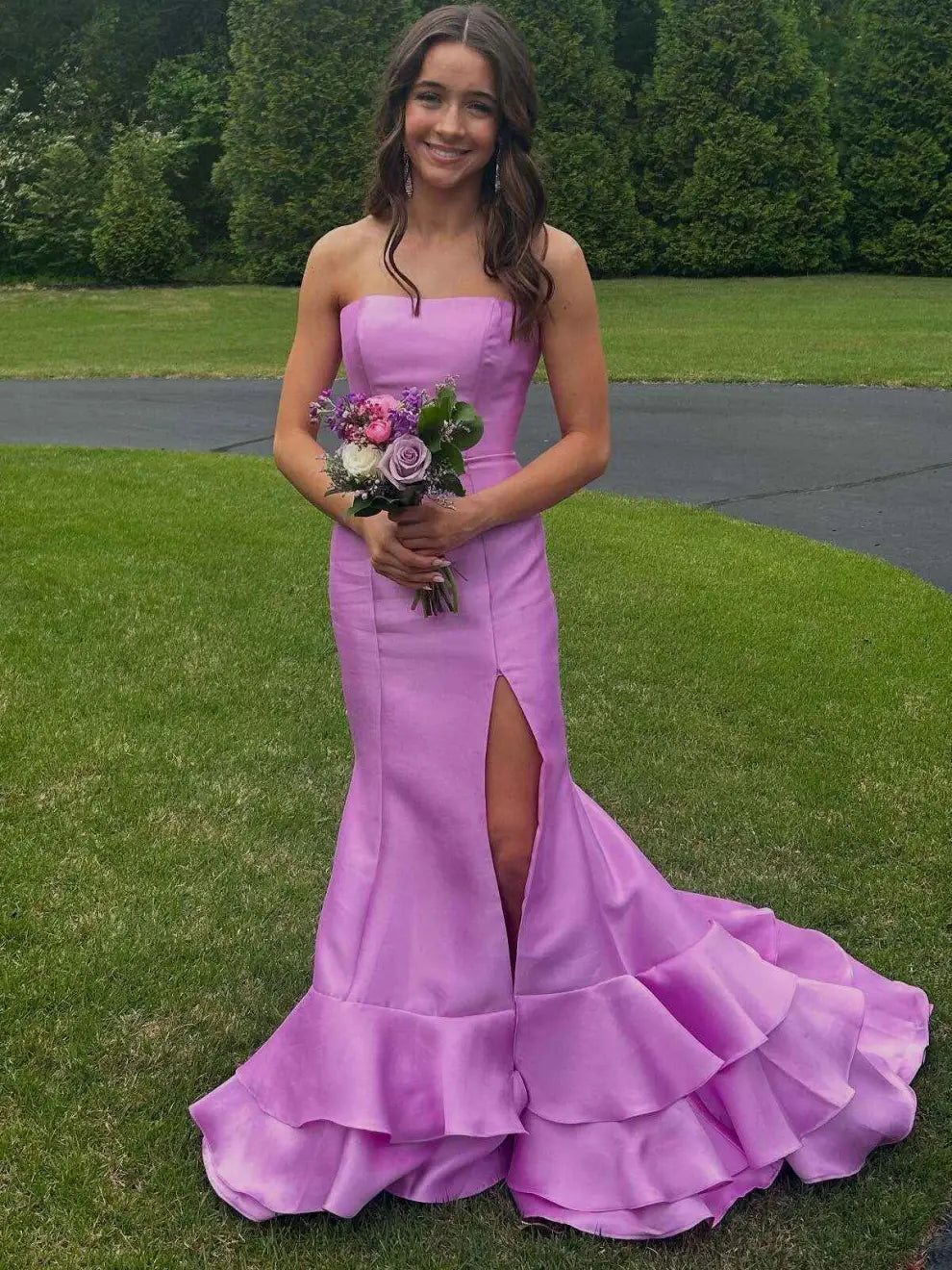 Modest Satin Mermaid Strapless Party Prom Dress With Tiered Train 
