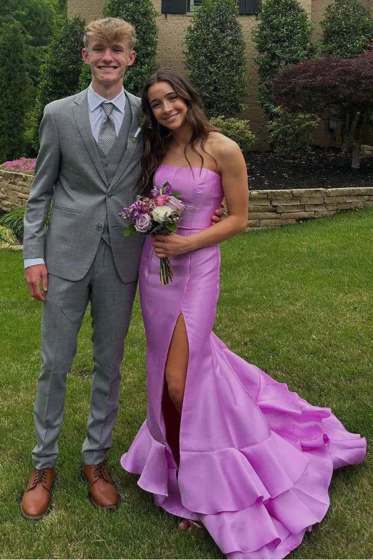 Modest Satin Mermaid Strapless Party Prom Dress With Tiered Train 