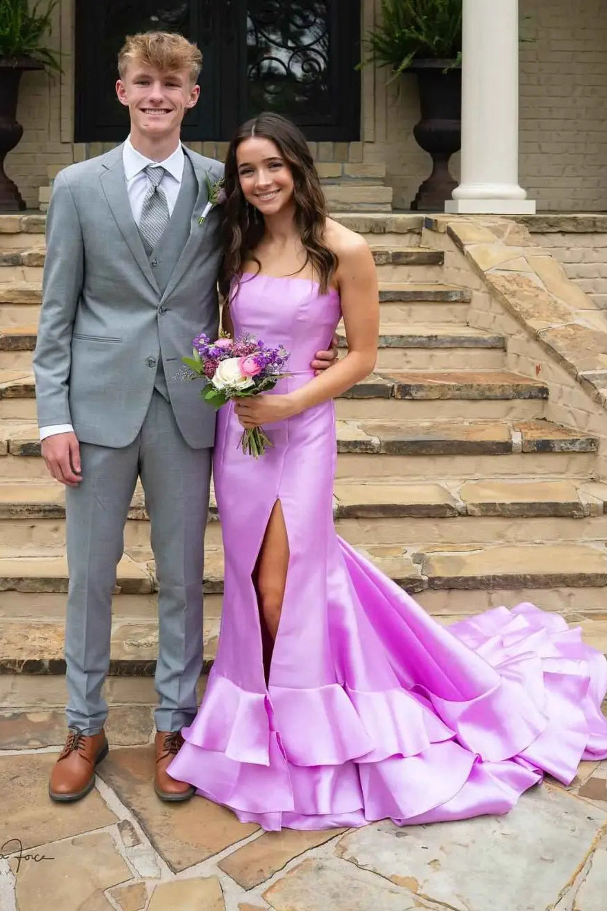 Modest Satin Mermaid Strapless Party Prom Dress With Tiered Train 