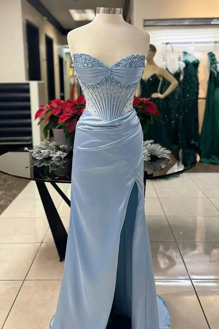 Modest Satin Sheath Beaded Strapless Lace-Up Party Prom Dress