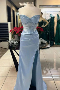 Modest Satin Sheath Beaded Strapless Lace-Up Party Prom Dress