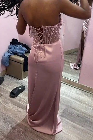 Modest Satin Sheath Beaded Strapless Lace-Up Party Prom Dress