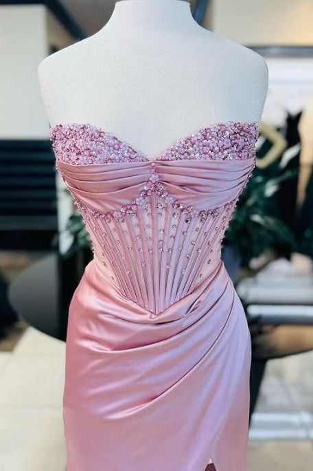 Modest Satin Sheath Beaded Strapless Lace-Up Party Prom Dress