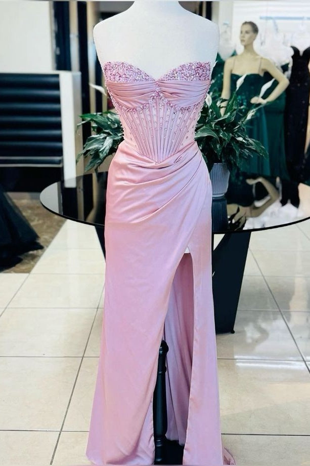 Modest Satin Sheath Beaded Strapless Lace-Up Party Prom Dress