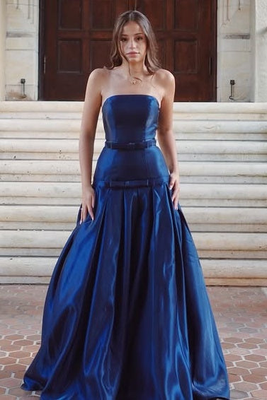Modest Satin Strapless Empire A-Line Maxi Party Prom Dress