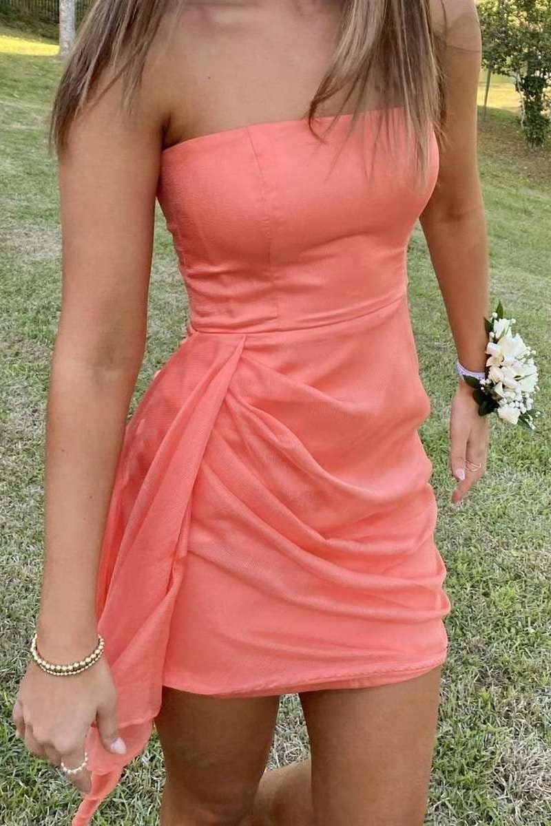 Modest Strapless Fitted Ruched Empire Mini Homecoming Dress 