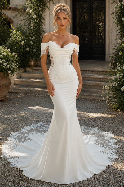 Modest Sweetheart Off-Shoulder Mermaid Satin And Lace Wedding Dress