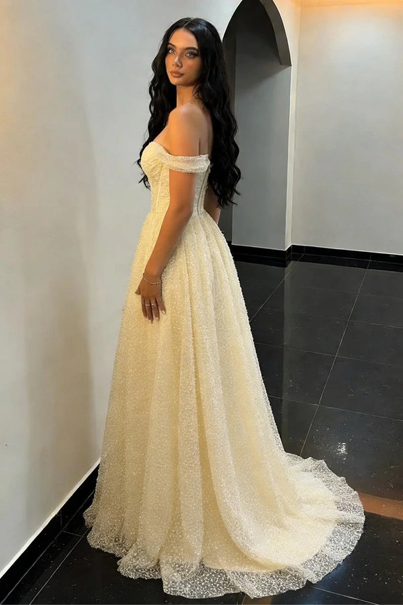 Modest Sweetheart Off-Shoulder Sparkly A-Line Party Prom Dress