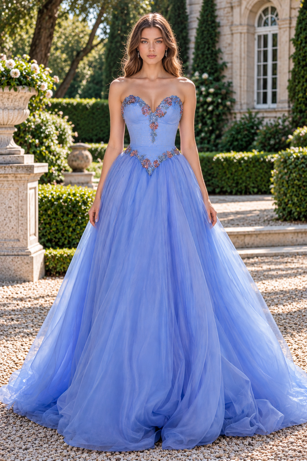 Modest Sweetheart Strapless A-Line Beaded Appliques Pleated Party Prom Dress