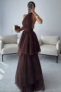 Modest Tulle A-Line High Neck Backless Tiered Party Evening Dress