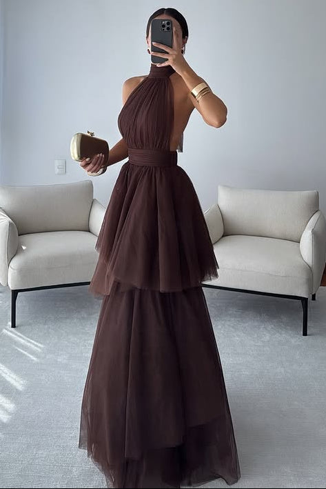 Modest Tulle A-Line High Neck Backless Tiered Party Evening Dress