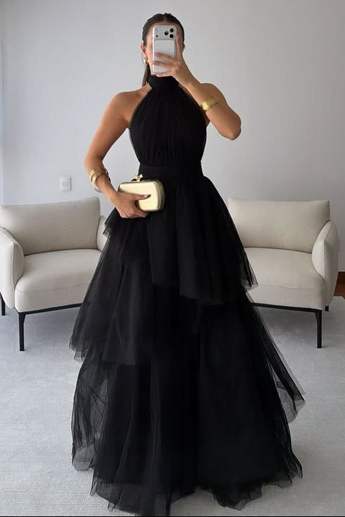 Modest Tulle A-Line High Neck Backless Tiered Party Evening Dress