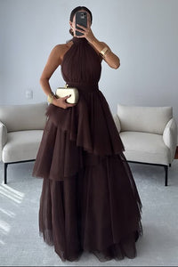 Modest Tulle A-Line High Neck Backless Tiered Party Evening Dress