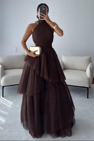 Modest Tulle A-Line High Neck Backless Tiered Party Evening Dress
