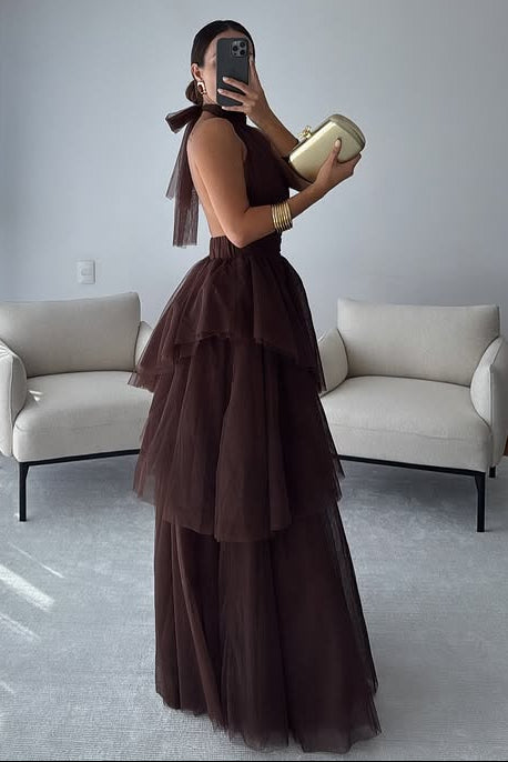 Modest Tulle A-Line High Neck Backless Tiered Party Evening Dress