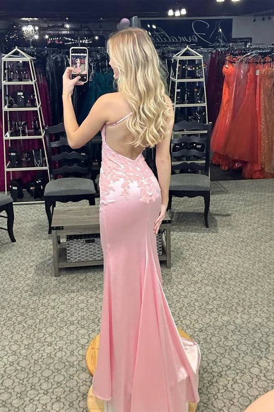 Modest V-Neck Backless Lace Appliques Satin Mermaid Party Prom Dress
