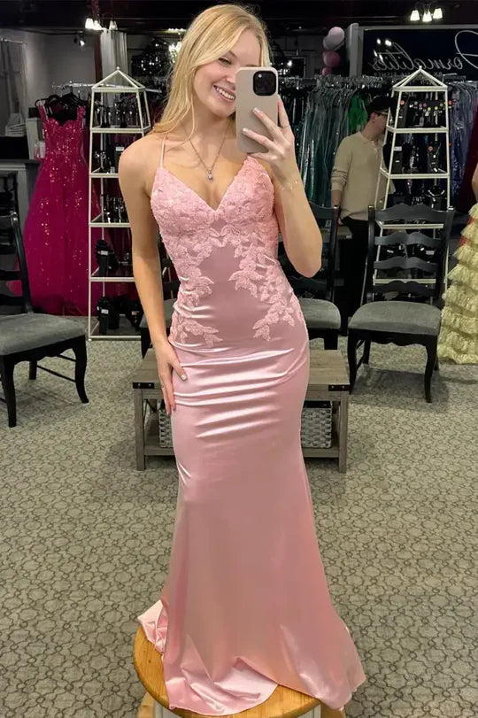 Modest V-Neck Backless Lace Appliques Satin Mermaid Party Prom Dress