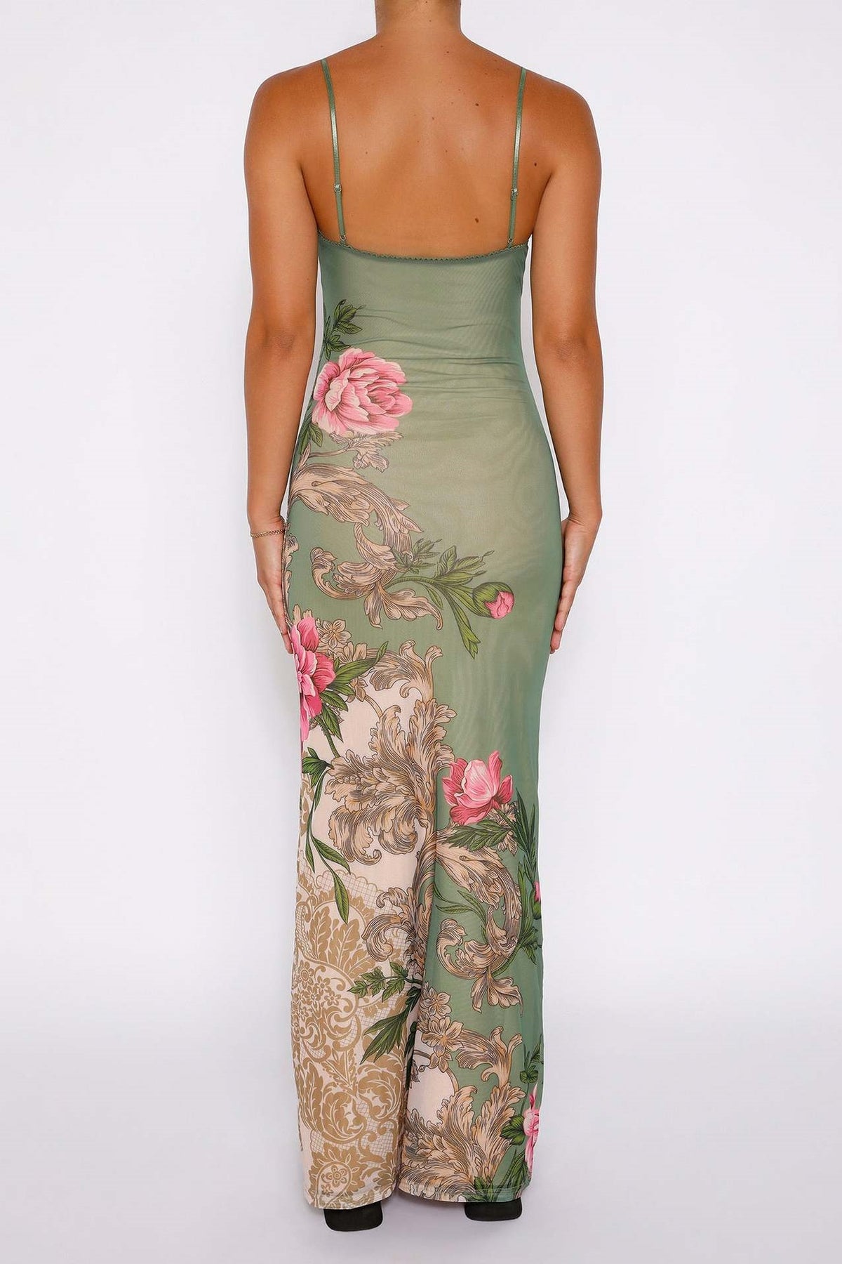 Modest V-Neck Sleeveless Fitted Floor-Length Floral Party Evening Dress 