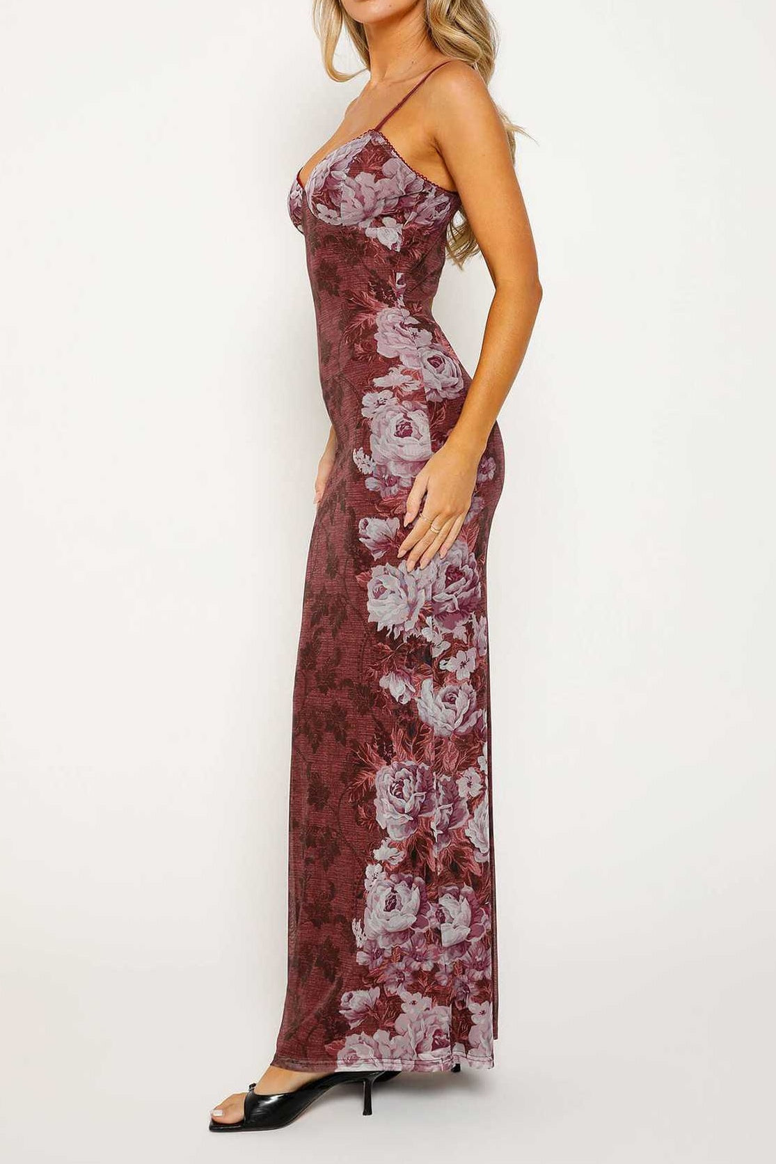 Modest V-Neck Sleeveless Fitted Floor-Length Floral Party Evening Dress 