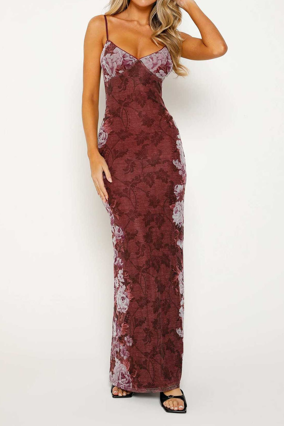 Modest V-Neck Sleeveless Fitted Floor-Length Floral Party Evening Dress 