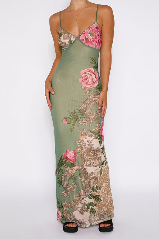 Modest V-Neck Sleeveless Fitted Floor-Length Floral Party Evening Dress 