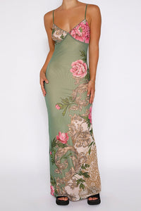 Modest V-Neck Sleeveless Fitted Floor-Length Floral Party Evening Dress 