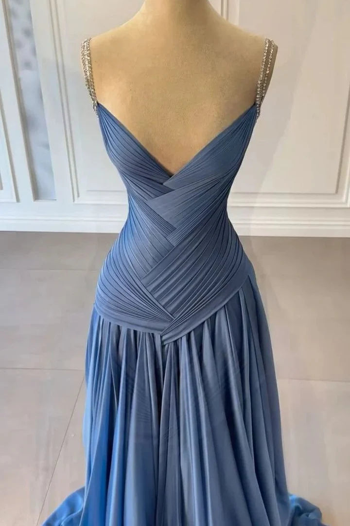 Modest V-Neck Sleeveless Pleated A-Line Maxi Party Prom Dress