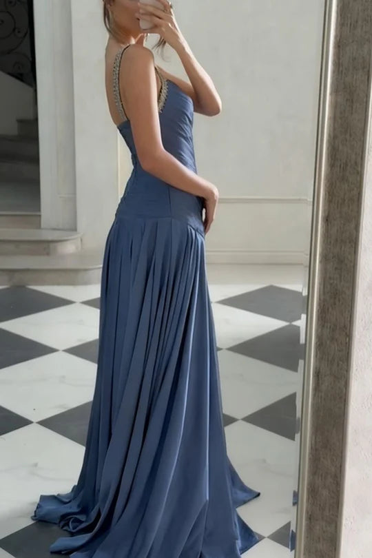 Modest V-Neck Sleeveless Pleated A-Line Maxi Party Prom Dress