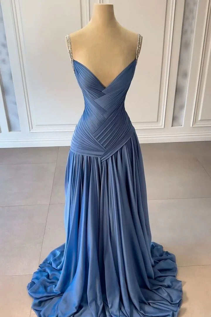 Modest V-Neck Sleeveless Pleated A-Line Maxi Party Prom Dress