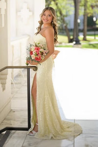 Modest Yellow Strapless Empire Mermaid Party Prom Dress With Train