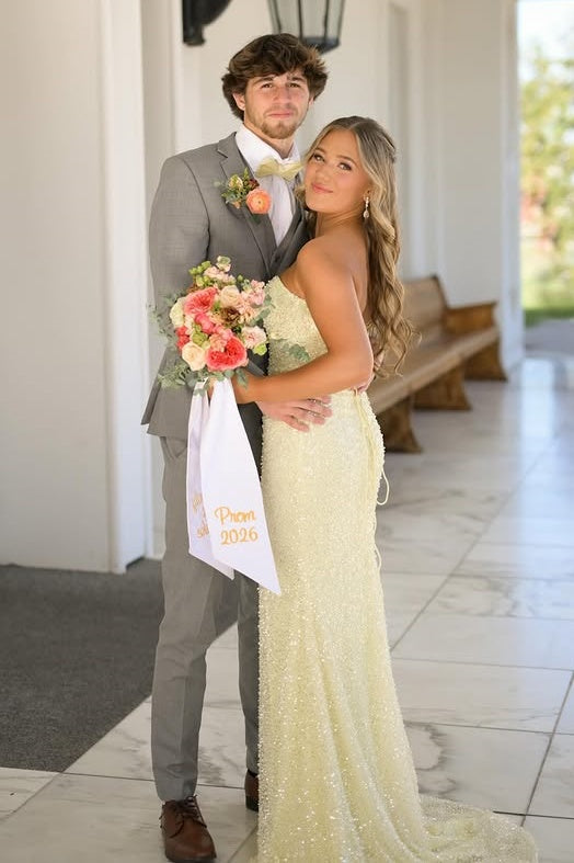Modest Yellow Strapless Empire Mermaid Party Prom Dress With Train