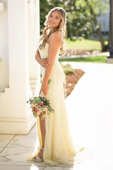 Modest Yellow Strapless Empire Mermaid Party Prom Dress With Train