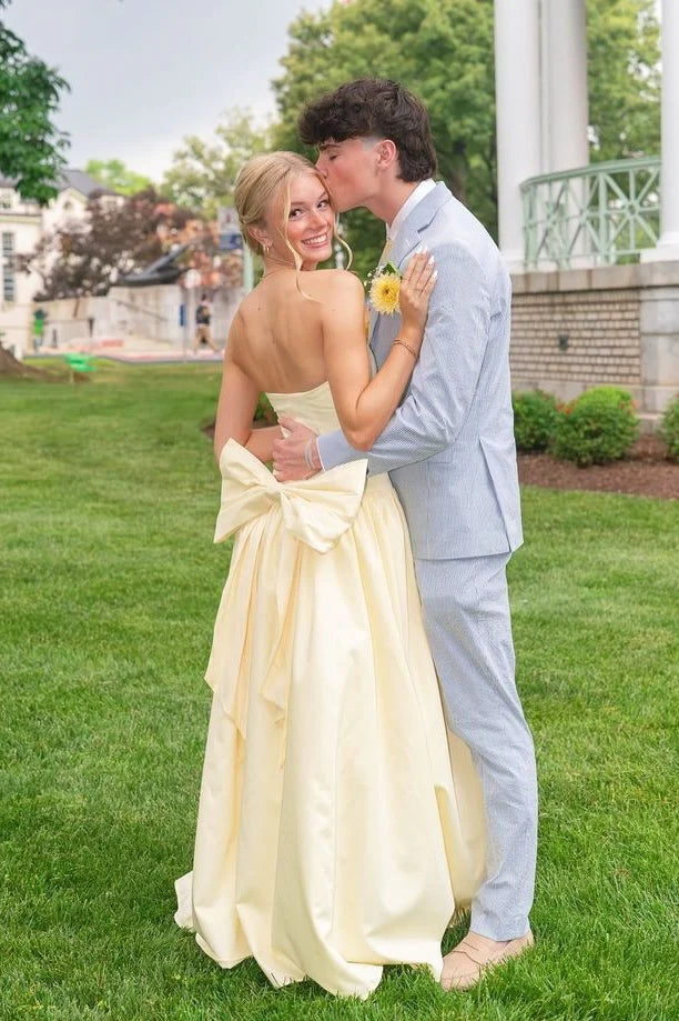Elegant Satin A-Line Strapless Prom Evening Dress With Bow