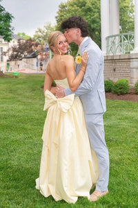 Elegant Satin A-Line Strapless Prom Evening Dress With Bow