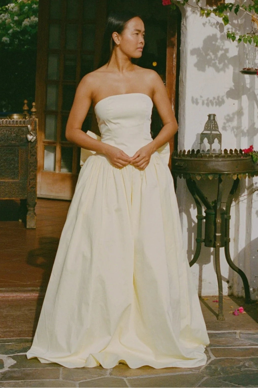 Elegant Satin A-Line Strapless Prom Evening Dress With Bow