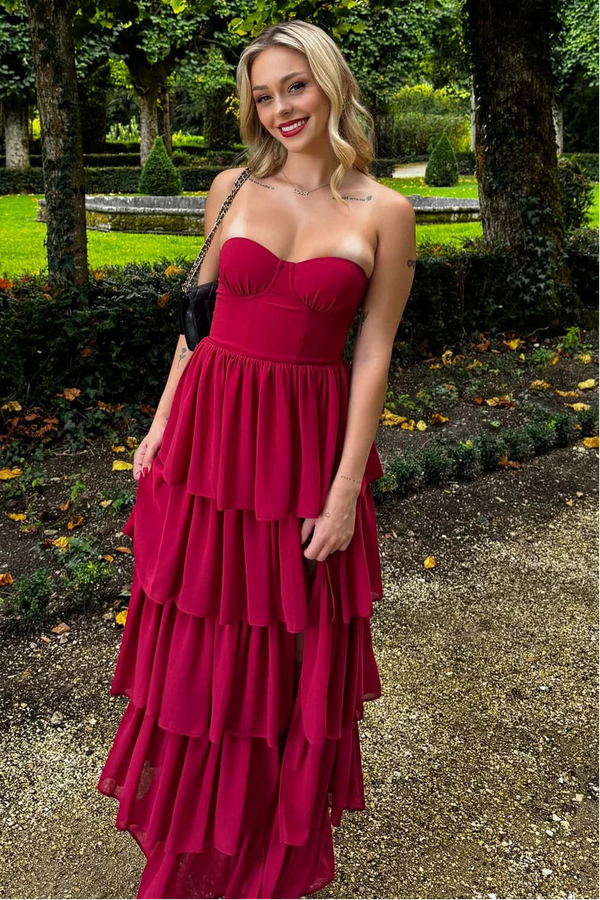 Sweetheart Strapless Tiered A-Line Chiffon Party Prom Dress