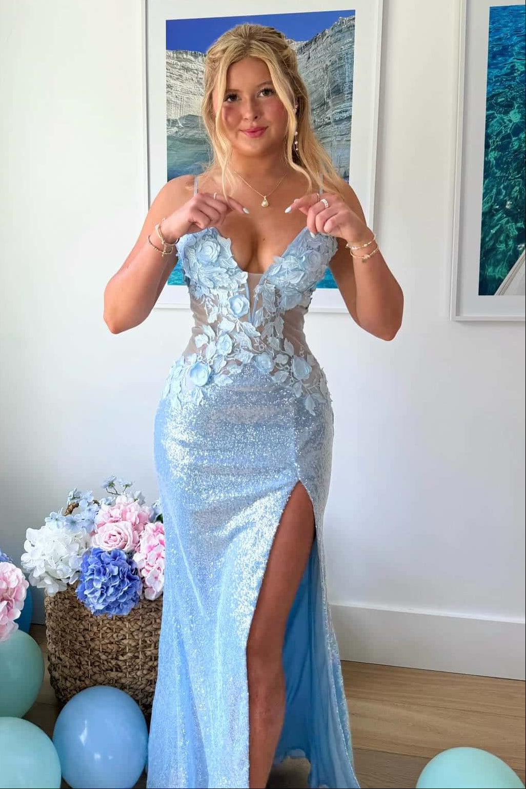 Pluning Neck 3D Floral Sequin Mermaid Evening Prom Dress