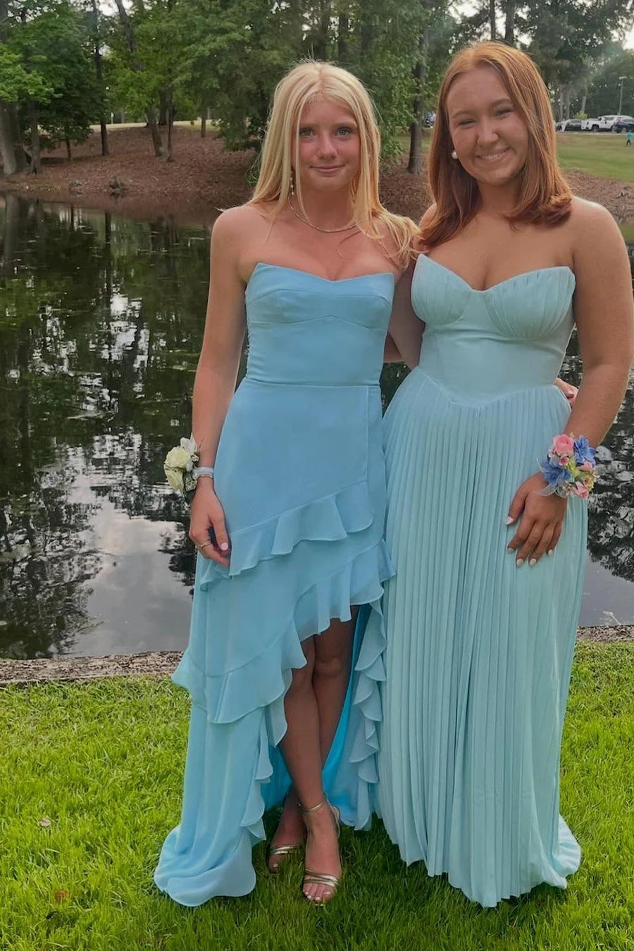 Boat Strapless Chiffon A-Line Party Prom Dress With Ruffle Slit