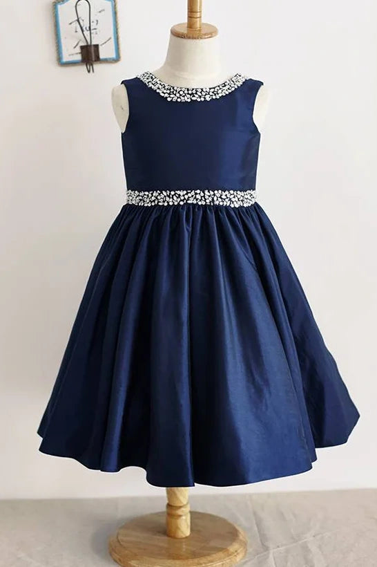 Navy Blue Satin A-Line Sleeveless Flower Girl Dress With Beaded