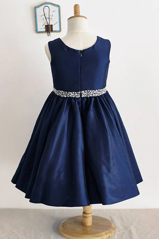 Navy Blue Satin A-Line Sleeveless Flower Girl Dress With Beaded