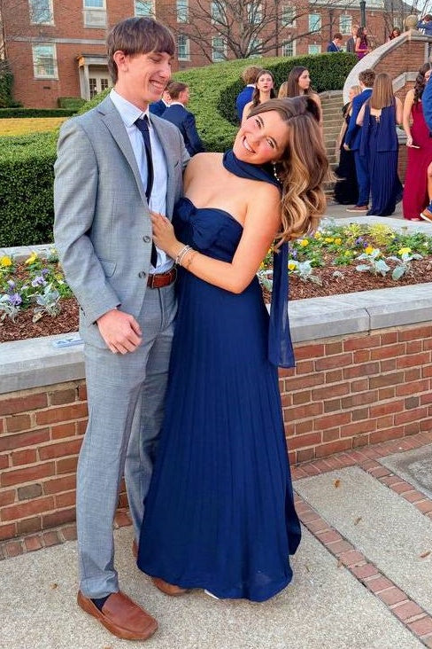Navy Blue Strapless High Waist Pleated Chiffon Party Prom Dress