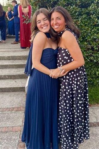 Navy Blue Strapless High Waist Pleated Chiffon Party Prom Dress