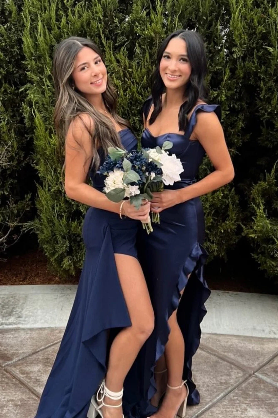 Navy Blue Sweetheart Straps Empire Fitted Ruffle Party Prom Dress