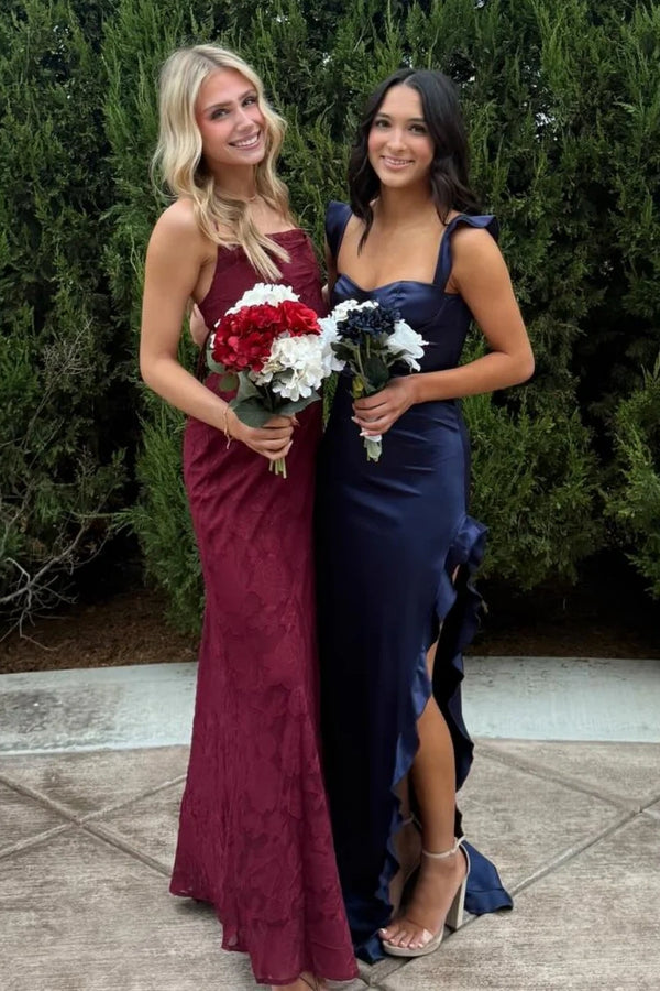 Navy Blue Sweetheart Straps Empire Fitted Ruffle Party Prom Dress