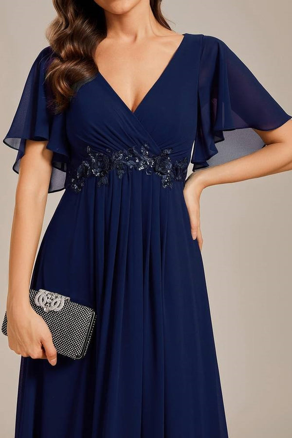 Navy Blue V-Neck Short Sleeves Chiffon Empire Mother Of The Bride Dress
