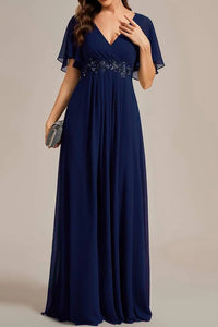Navy Blue V-Neck Short Sleeves Chiffon Empire Mother Of The Bride Dress