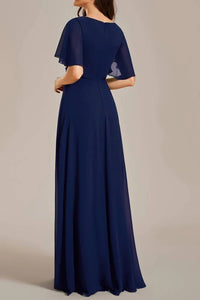 Navy Blue V-Neck Short Sleeves Chiffon Empire Mother Of The Bride Dress