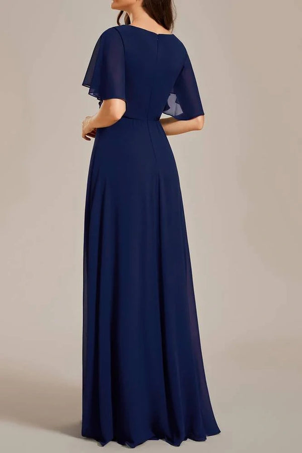Navy Blue V-Neck Short Sleeves Chiffon Empire Mother Of The Bride Dress