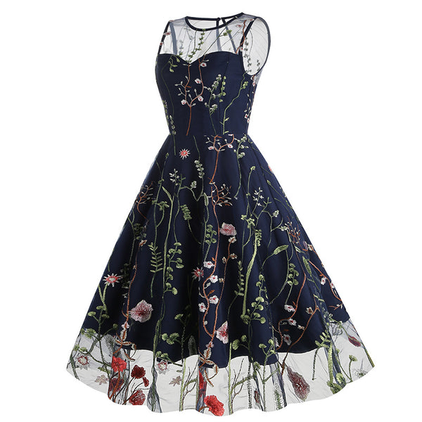 Crew Neck Black 1950s Dress with Embroidery