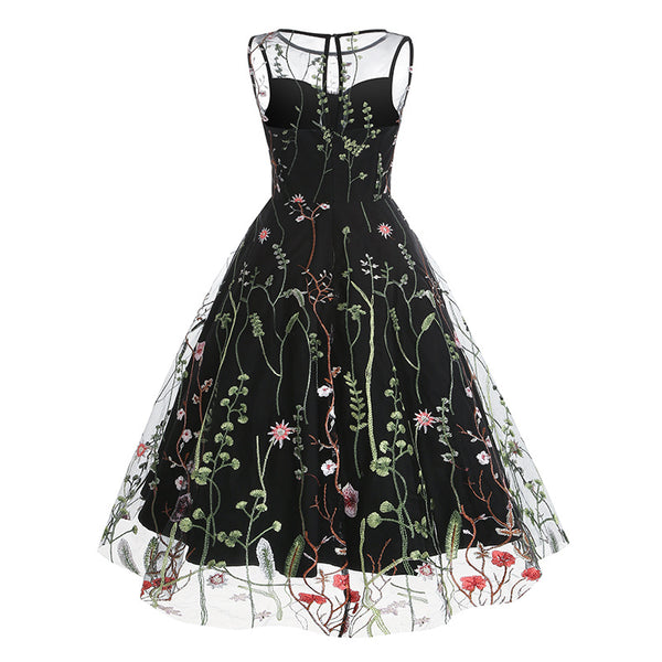 Crew Neck Black 1950s Dress with Embroidery